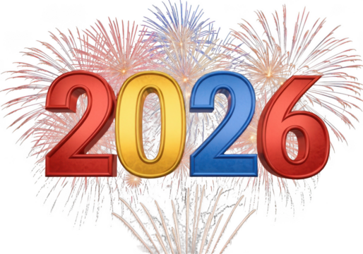 Colorful 2026 balloons with fireworks celebration isolated on transparent background