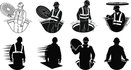Silhouette illustration of sewer worker lifting manhole cover, municipal maintenance, construction labor, safety vest, urban infrastructure repair, industrial vector design