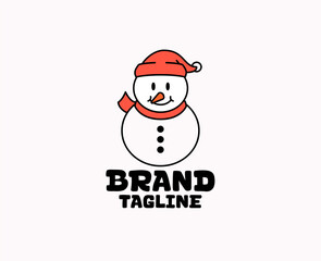 Cartoon vector illustration of a snowman wearing a red hat and scarf, smiling with a carrot nose and button details for winter branding, holiday logo design, Christmas products, or seasonal greeting