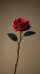 Fototapeta premium A striking handmade red paper rose blooming alone on a simple brown wooden twig against a neutral background showcasing delicate craftwork ,twig ,nature ,rose