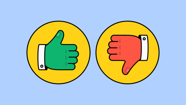 Two circular icons showing a green thumbs up and a red thumbs down hand gesture, approval and disapproval vector illustration cartoon for feedback systems, social media, or communication