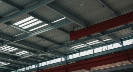 Fototapeta premium Structural steel beams forming the large framework of a modern commercial shopping center ceiling, showcasing cold industrial architecture ,support ,geometric ,structural support