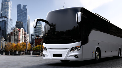 Fototapeta premium Bus stands confidently against urban skyline, its sleek design radiating efficiency and modern comfort for travelers exploring city