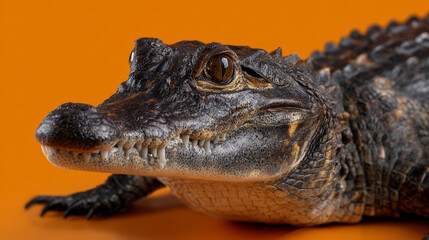 Obraz premium Alligator isolated with orange background showing strong texture details and expressing fierce demeanor, capturing animal raw power and potential danger