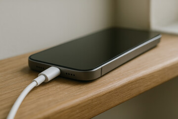 Modern smartphone charging on wooden surface near wall with connected white cable, close up view of sleek mobile device