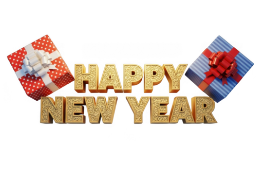 Golden happy new year text with gift boxes isolated on transparent background