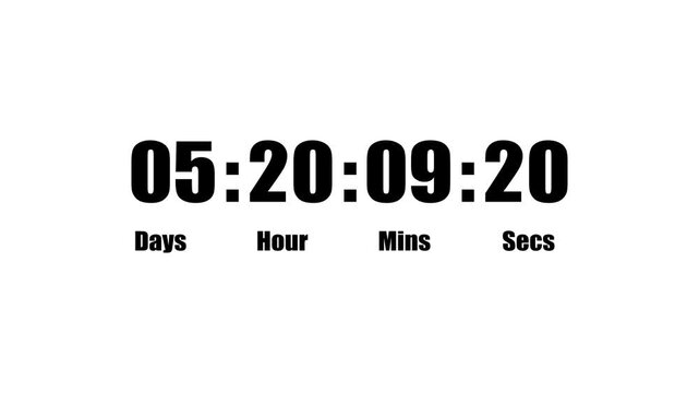 Countdown up and down 0 to secs, mins, hour and day count text animation.Digital countdown and elegant day, hour, minutes, seconds timer concept.