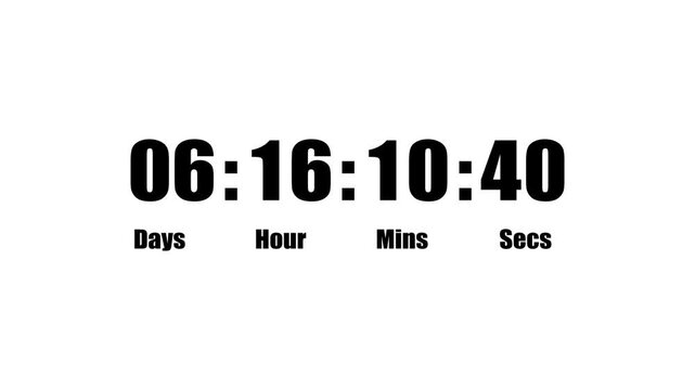 Countdown up and down 0 to secs, mins, hour and day count text animation.Digital countdown and elegant day, hour, minutes, seconds timer concept.