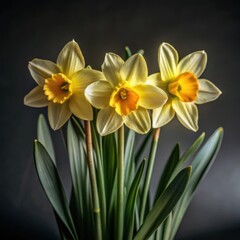 Obraz premium Beautiful yellow daffodils close up studio portrait delicate spring flowers blossoming