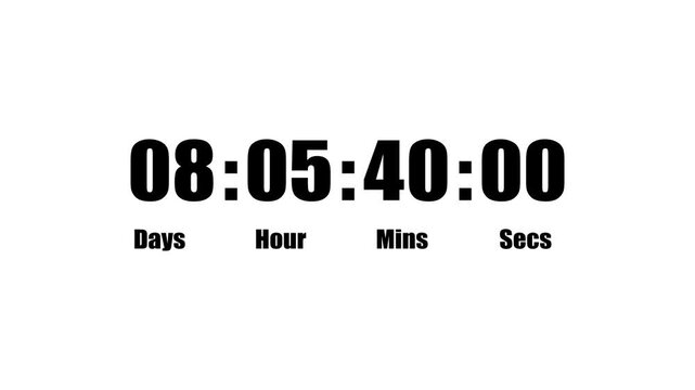 Countdown up and down 0 to secs, mins, hour and day count text animation.Digital countdown and elegant day, hour, minutes, seconds timer concept.