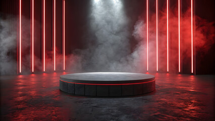 Dark red product presentation background with lights. Dark red stage podium 3d background product platform of empty scene presentation pedestal minimal showcase abstract light show blank display.