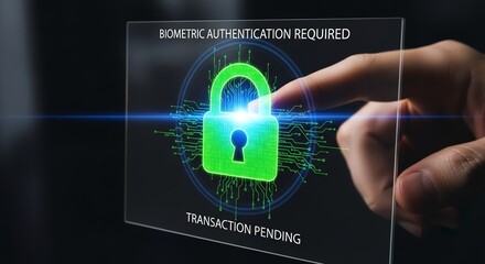 Hand interacting with a digital display showing a glowing green padlock and text "BIOMETRIC AUTHENTICATION REQUIRED, TRANSACTION PENDING." Concept for security, privacy, and technology.