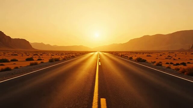 A golden highway stretching toward the horizon in a desert landscape at sunset, promising adventure and open-road freedom, perfect for travel and journey videos