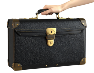 Hand Holding Black Vintage Briefcase with Gold Clasps, Side Angle