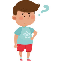 Young Boy With Brown Hair Wearing A Light Blue T-Shirt With A White Star Design And Red Shorts Stands With A Question Mark Above His Head