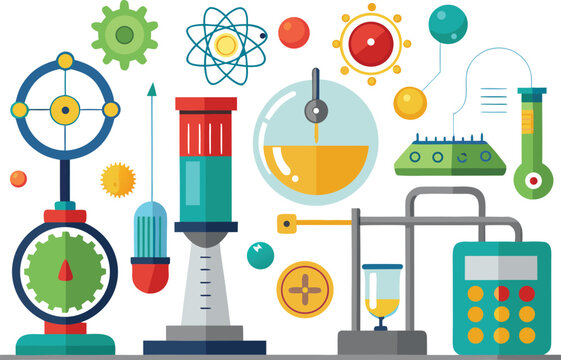 Vibrant science laboratory equipment and abstract atom symbolizing innovation and discovery for educational and research projects