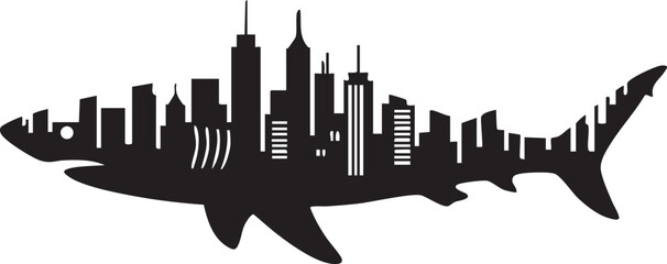 Obraz premium Aggressive Shark with City Skyline Silhouette Vector Icon