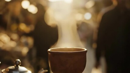 indian chai poured from kettle into steaming clay cup - Powered by Adobe