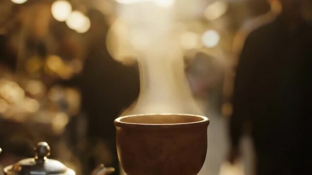 indian chai poured from kettle into steaming clay cup