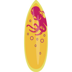 Yellow surfboard with pink octopus graphic and bubbles on a white background symbolizing summer fun and water sports