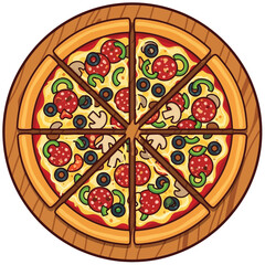 Whole Pizza With Pepperoni Mushrooms Olives And Green Peppers On A Wooden Board