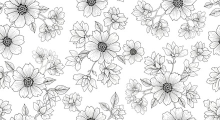 Elegant Black and White Floral Pattern for Decorative Design and Backgrounds, Seamless Repeats