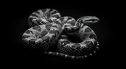 Fototapeta premium Closeup, highcontrast black and white photograph of a coiled rattlesnake on a dark background