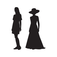 Female Silhouettes Featuring Woman and Woman with Hat on White Background.