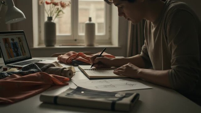 A person is working at a desk with a laptop and notebook.
