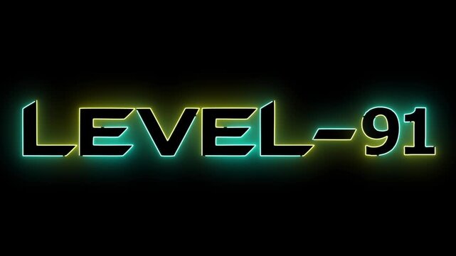 cyan and yellow neon glowing level 91 text font icon animation. Neon level sign. Level text animation on black background.
