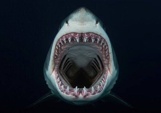 Terrifying close up of bull shark jaws open wide showing rows of razor sharp teeth ready to strike in the deep dark ocean ,black background ,detailed ,hunter