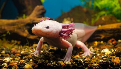 Pink aquatic salamander in aquarium