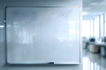 Blank Whiteboard with Eraser Marks and Faint Ghost Writing Still Office Classroom Equipment Meeting Space Essential Tool