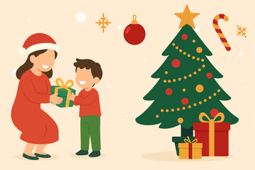 Mother Giving Christmas Gift to Her Son – Cute Flat Holiday Illustration