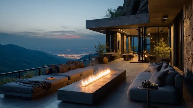 Modern outdoor lounge with firepit at sunset view