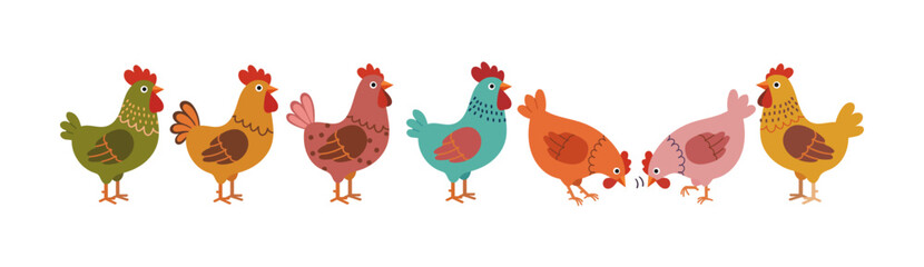 Colorful Chicken Vector Illustration – Cute Farm Hens in Different Poses, Cartoon Poultry Collection, Playful Barnyard Animals for Kids, Agriculture Design, and Rural Farm Life Concept