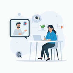 Online education concept illustration showing student learning from home through video call, virtual class, and e-learning on laptop. Distance learning, digital study, and remote tutoring vector.