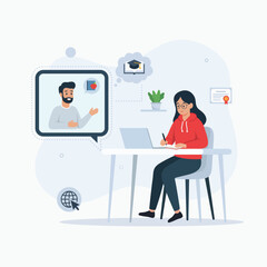 Online education concept illustration showing student learning from home through video call, virtual class, and e-learning on laptop. Distance learning, digital study, and remote tutoring vector.