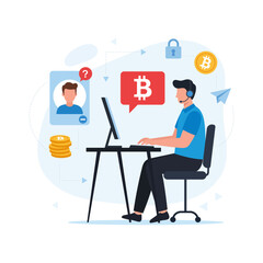 Bitcoin Customer Support Illustration, Crypto Call Center Concept, Online Cryptocurrency Help Desk, Virtual Bitcoin Consultation, Digital Currency Support, Tech Service Vector, Crypto Communication
