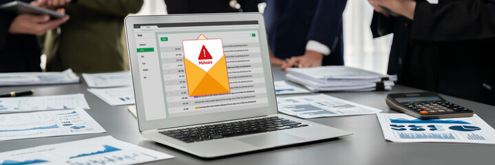 Panorama shot analyst team utilizing BI Fintech to analyze financial report with laptop. Businesspeople analyzing BI data dashboard displayed on laptop screen for business insight. Prodigy