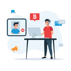 Bitcoin Customer Support Illustration, Crypto Call Center Concept, Online Cryptocurrency Help Desk, Virtual Bitcoin Consultation, Digital Currency Support, Tech Service Vector, Crypto Communication