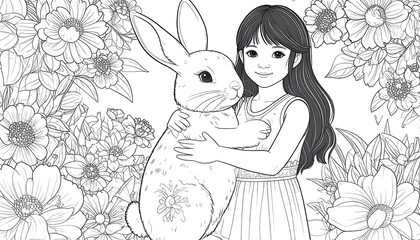 Girl hugging a rabbit, surrounded by flowers