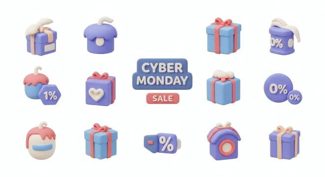 3D Cyber Monday Sale Icons Set with Gift Boxes and Discount Percentages on White Background - Powered by Adobe