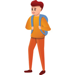 Young Cartoon Boy with Red Hair and Orange Outfit Carrying Blue Backpack Smiling Against Transparent Background Ready for School or Adventure
