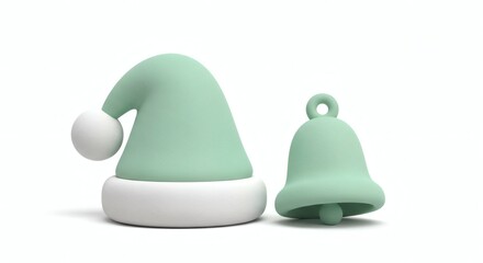Fototapeta premium Minimalist Pastel Mint Green Santa Hat and Jingle Bell 3D Render for Holiday Design