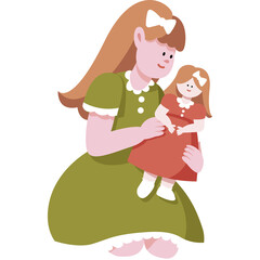 Young Girl In A Green Dress Holding A Doll With Red Dress And White Bows In Hair On Transparent Background