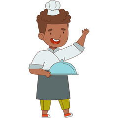 Young chef boy with curly hair wearing white chef hat and apron holding serving dish with lid waving hand happily in a studio