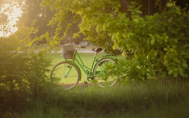 Fototapeta premium Vintage bicycle resting amongst lush green foliage in soft golden sunlight
