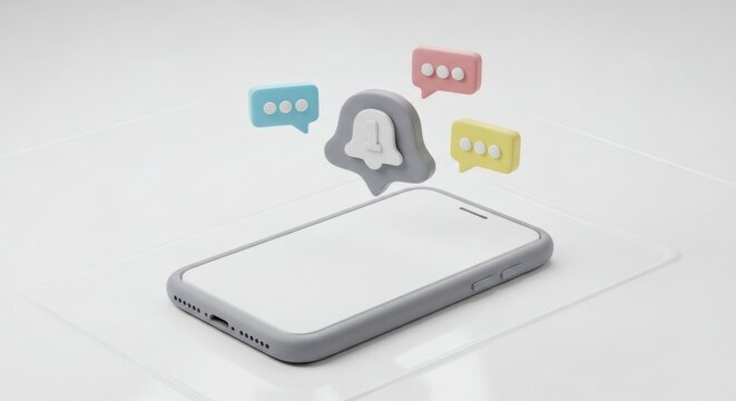 3D Render of Smartphone with Social Media Notification Icons Floating Above Screen on White Background