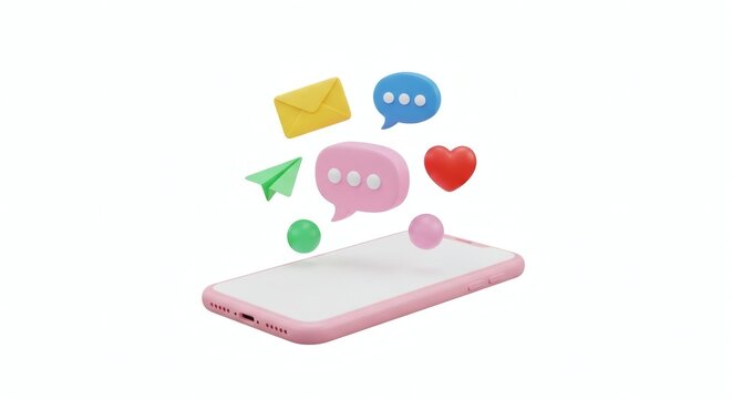 3D Render of Social Media Notifications Floating Above a Smartphone on White Background